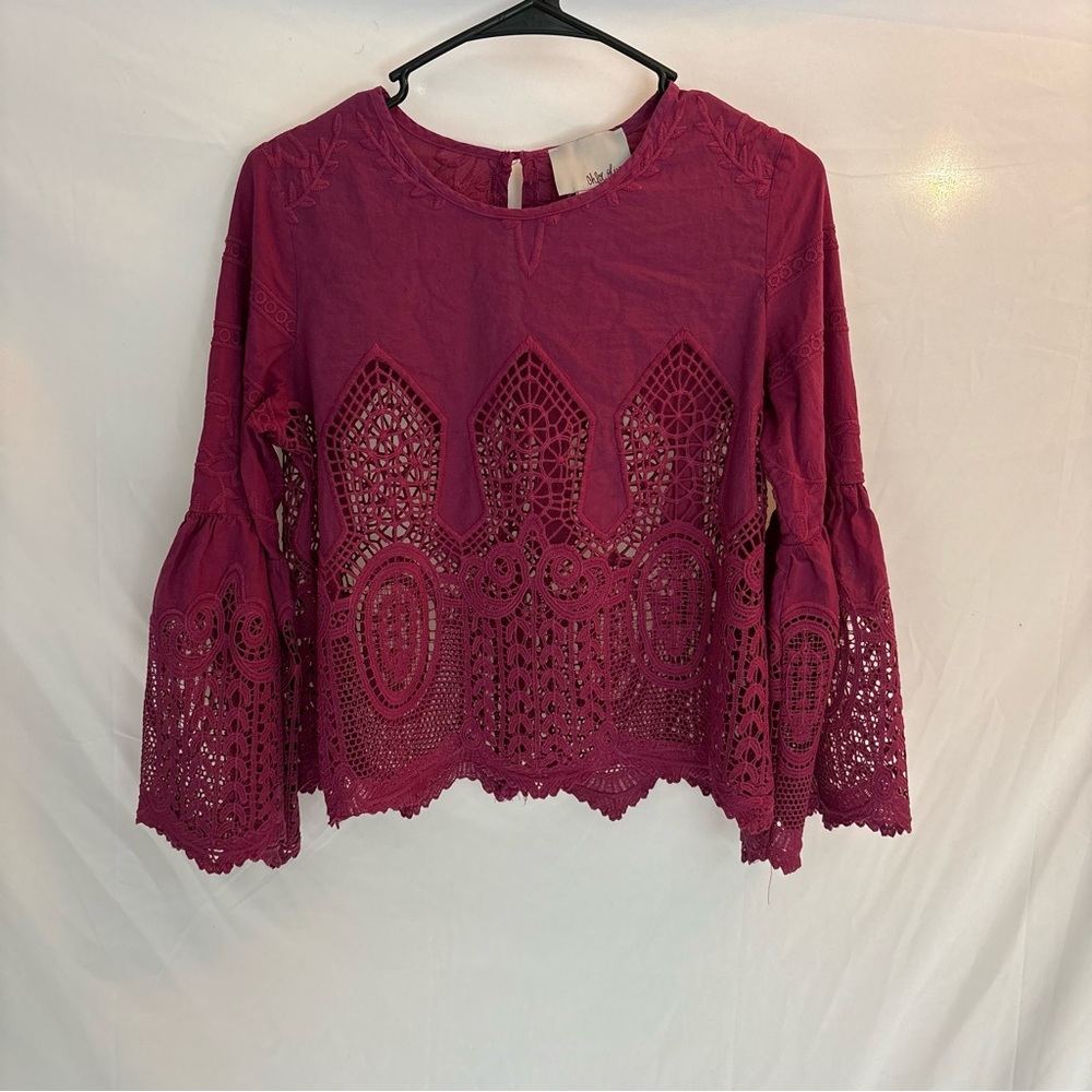 Chloe Oliver Burgundy Lace Women's Blouse with Bell Sleeves Sz S